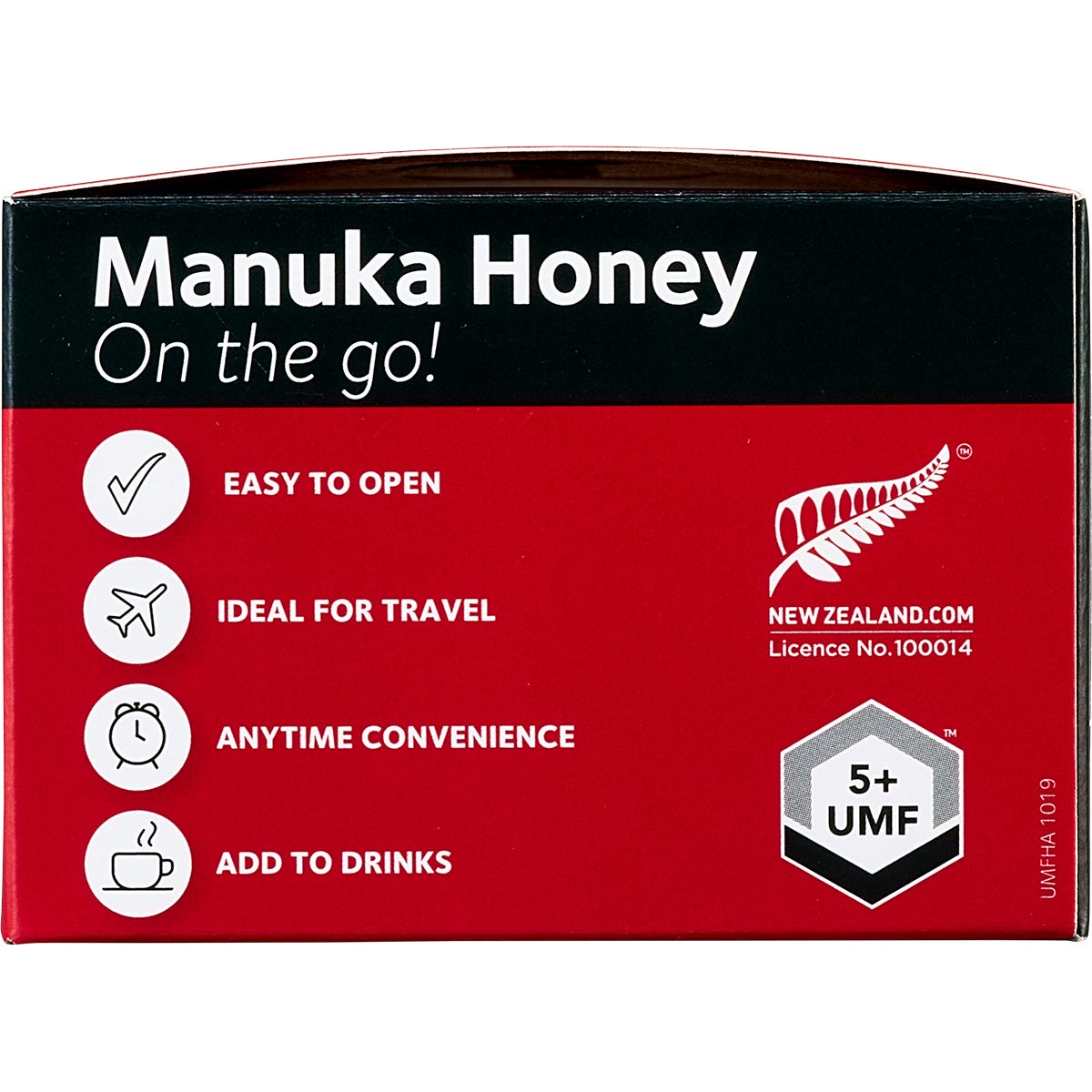 Right side of Comvita Manuka Honey UMF 5+ box with barcode, storage instructions, and New Zealand origin details.