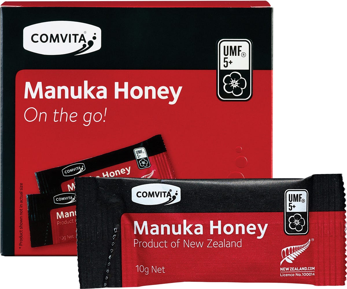 Box of 30 Comvita Manuka Honey UMF 5+ on-the-go 10g sachets against a white background.