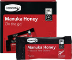 Box of 30 Comvita Manuka Honey UMF 5+ on-the-go 10g sachets against a white background.
