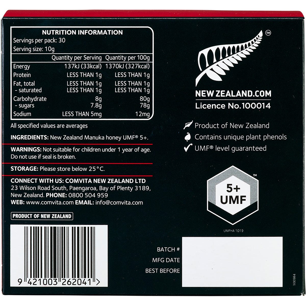 Back of Comvita Manuka Honey UMF 5+ box with nutrition facts, ingredients, directions, and product features.