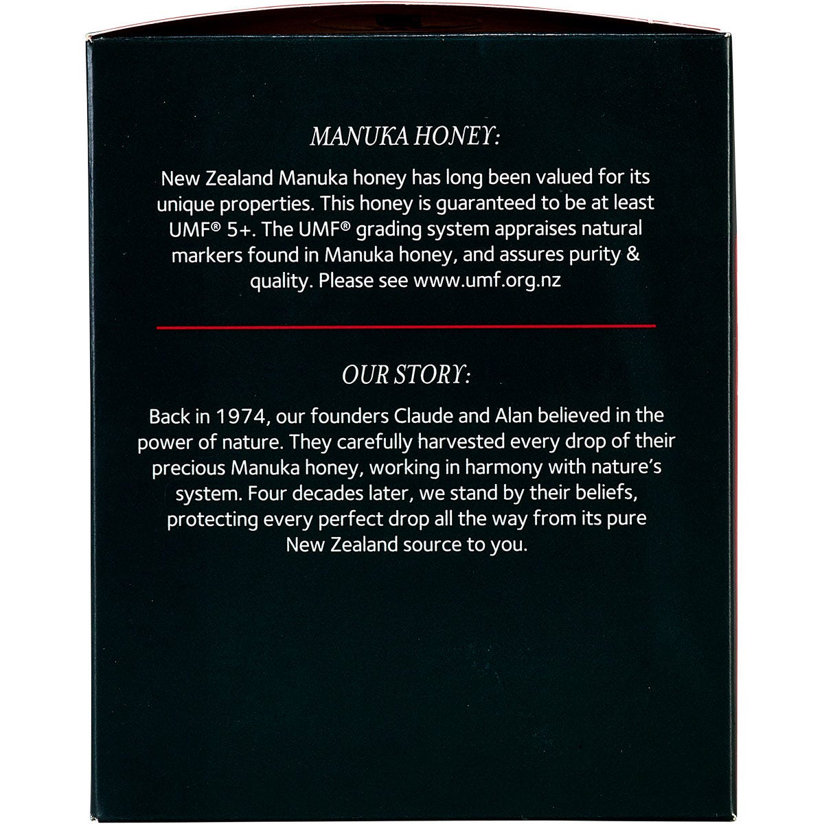 Left side of Comvita Manuka Honey UMF 5+ box highlighting daily vitality benefits and wellness uses.