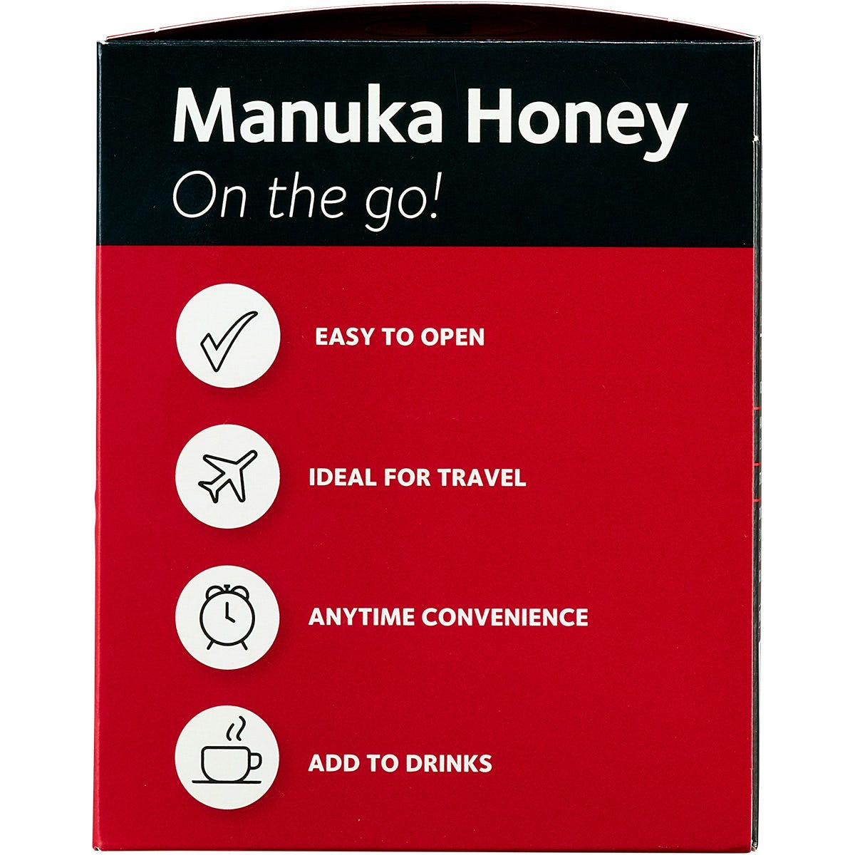 Right side of Comvita Manuka Honey UMF 5+ box showing the MGO level, UMF certification, and honey origin information.