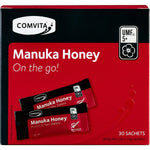 Comvita Manuka Honey UMF 5+ box and an individual 10g on-the-go sachet on a white background.