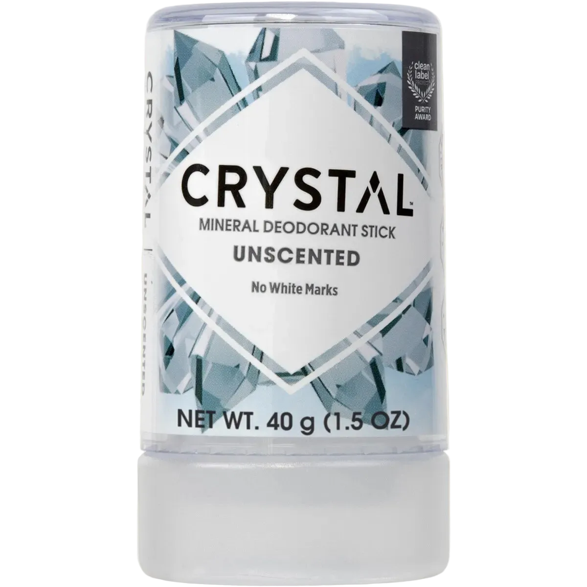 Crystal Unscented Mineral Deodorant Stick in a clear cylindrical container with a white and light blue label featuring a geometric crystal design, on a light beige background.