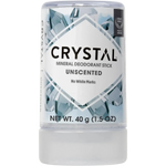 Crystal Unscented Mineral Deodorant Stick in a clear cylindrical container with a white and light blue label featuring a geometric crystal design, on a light beige background.