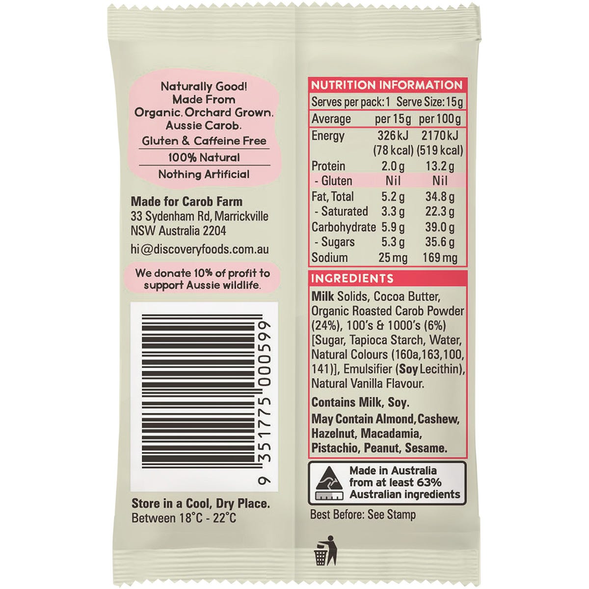 Carob Farm Carob Koala 100's & 1000's 15g (Pack of 50) Payless 4 Organics