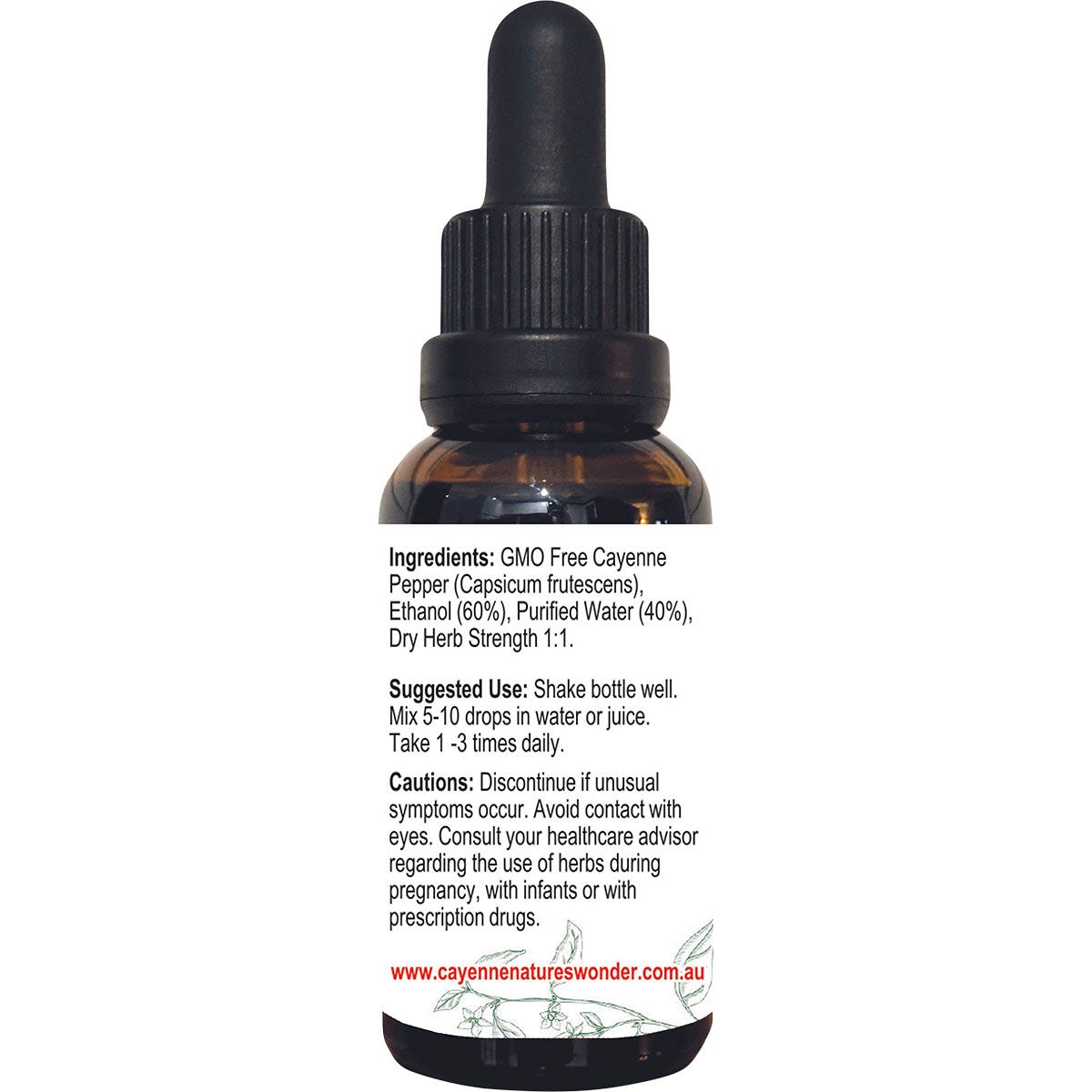 30ml bottle of Cayenne Nature's Wonder pepper extract with a dropper and orange label on a white background.