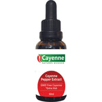 30ml bottle of Cayenne Nature's Wonder Cayenne Pepper Extract with a glass dropper and orange botanical label.