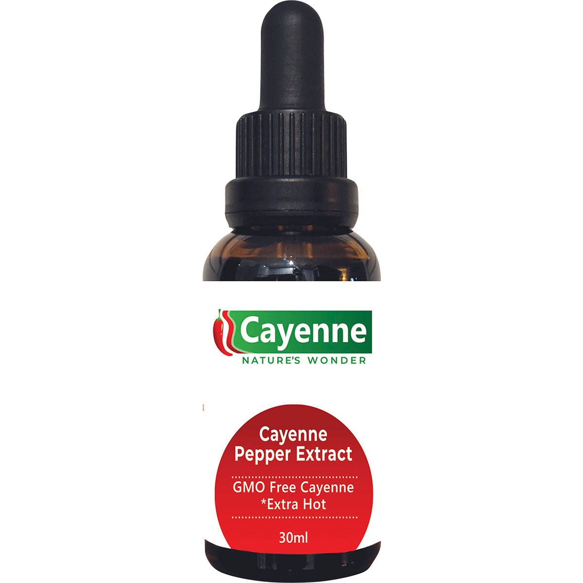 30ml bottle of Cayenne Nature's Wonder Cayenne Pepper Extract with a glass dropper and orange botanical label.