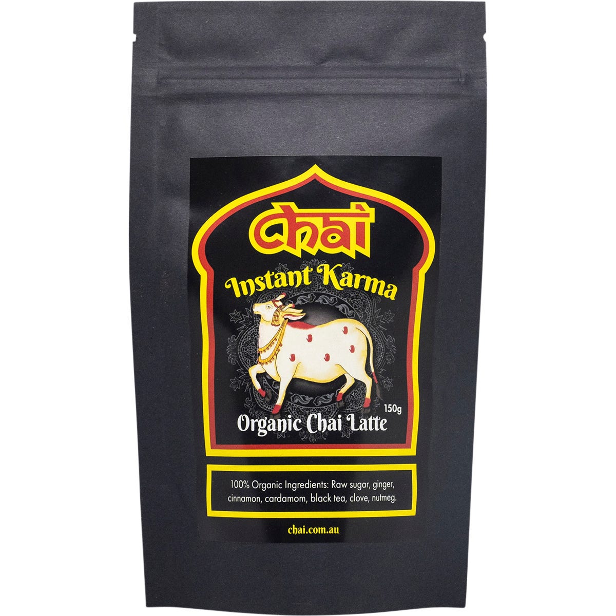 150g tub of Instant Karma Organic Chai Latte featuring a brown label with botanical spice illustrations.