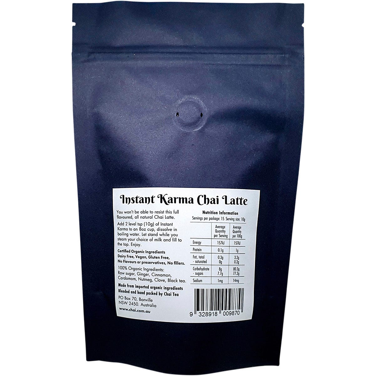 150g tub of Instant Karma Organic Chai Latte showing the back label with ingredients and nutritional information.