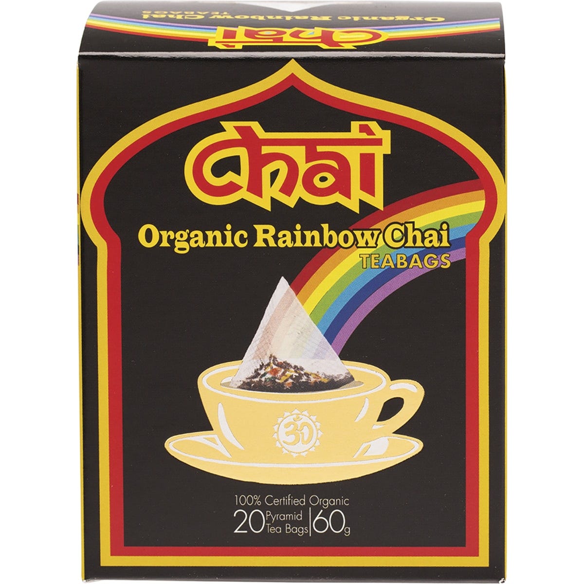 Box of 20 Organic Rainbow Chai tea bags featuring a colorful design with traditional Indian-inspired patterns.