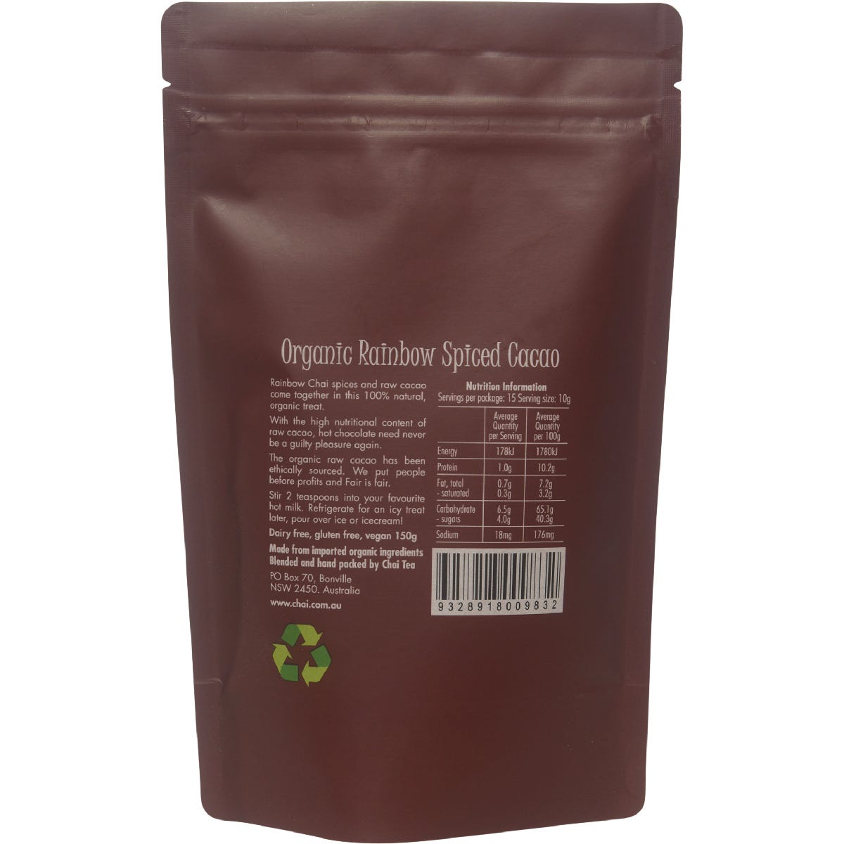 150g bag of Organic Rainbow Spiced Cacao Chai Tea with raw cacao and spices on a white background.