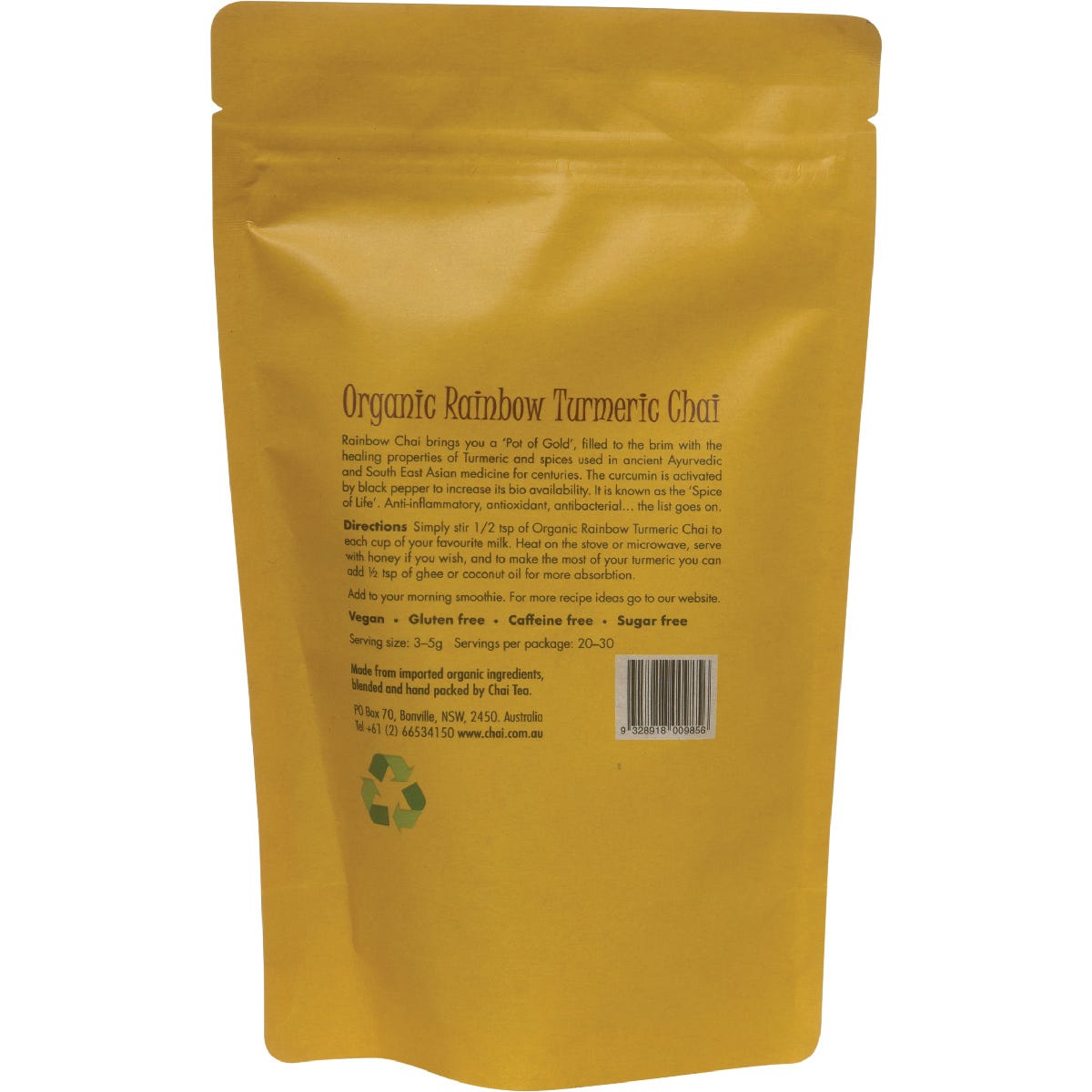 Back of Organic Rainbow Turmeric Chai 100g pack showing ingredients and directions on a white background.