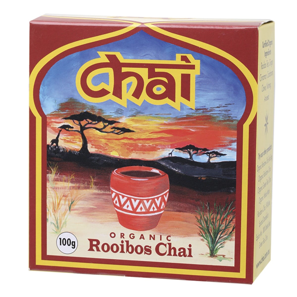 100g bag of Organic Rooibos Chai tea featuring a blend of South African rooibos and aromatic spices.