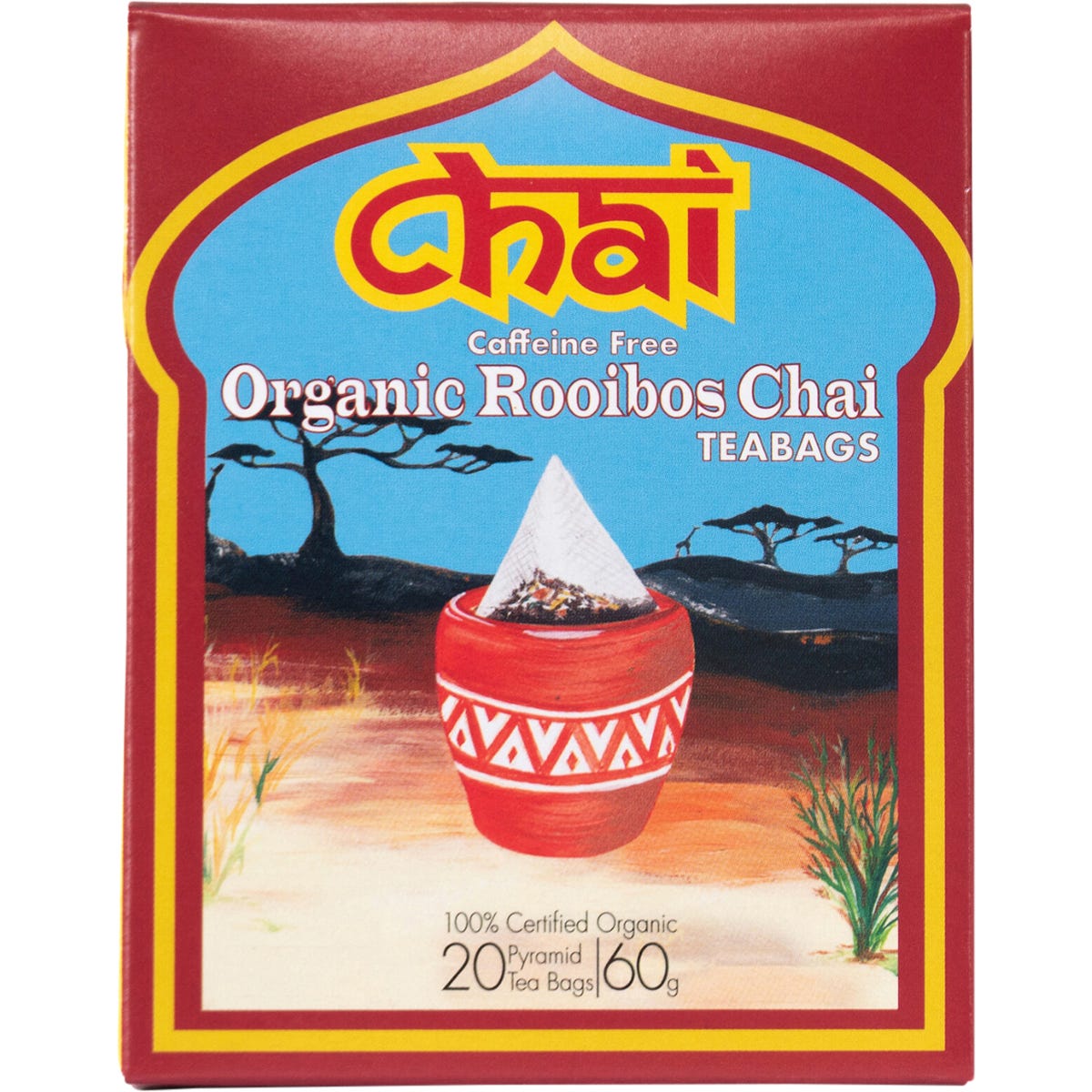Box of 20 organic rooibos chai tea bags, caffeine-free with traditional spices and vanilla notes.