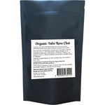 Back of the 70g Organic Tulsi Rose Chai pouch showing ingredients and brewing instructions on a white background.