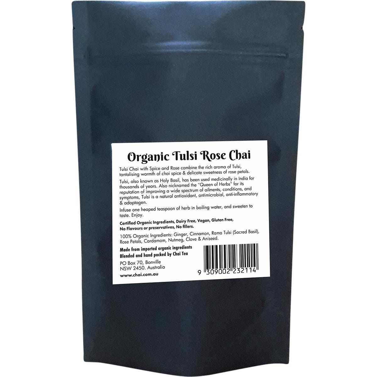 Back of the 70g Organic Tulsi Rose Chai pouch showing ingredients and brewing instructions on a white background.