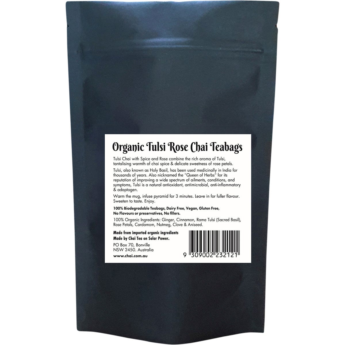 White box of 20 organic Tulsi Rose chai tea bags with pink rose and green leaf illustrations on a white background.