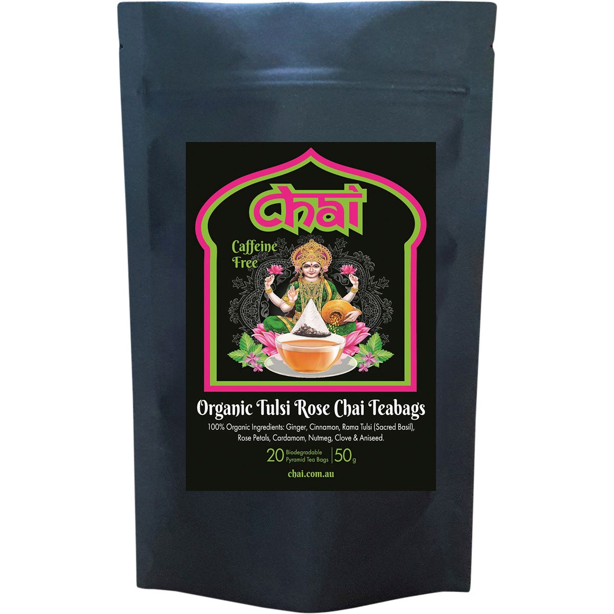 20 pack of Chai Tea Organic Tulsi Rose tea bags featuring a white label with pink rose and green leaf illustrations.