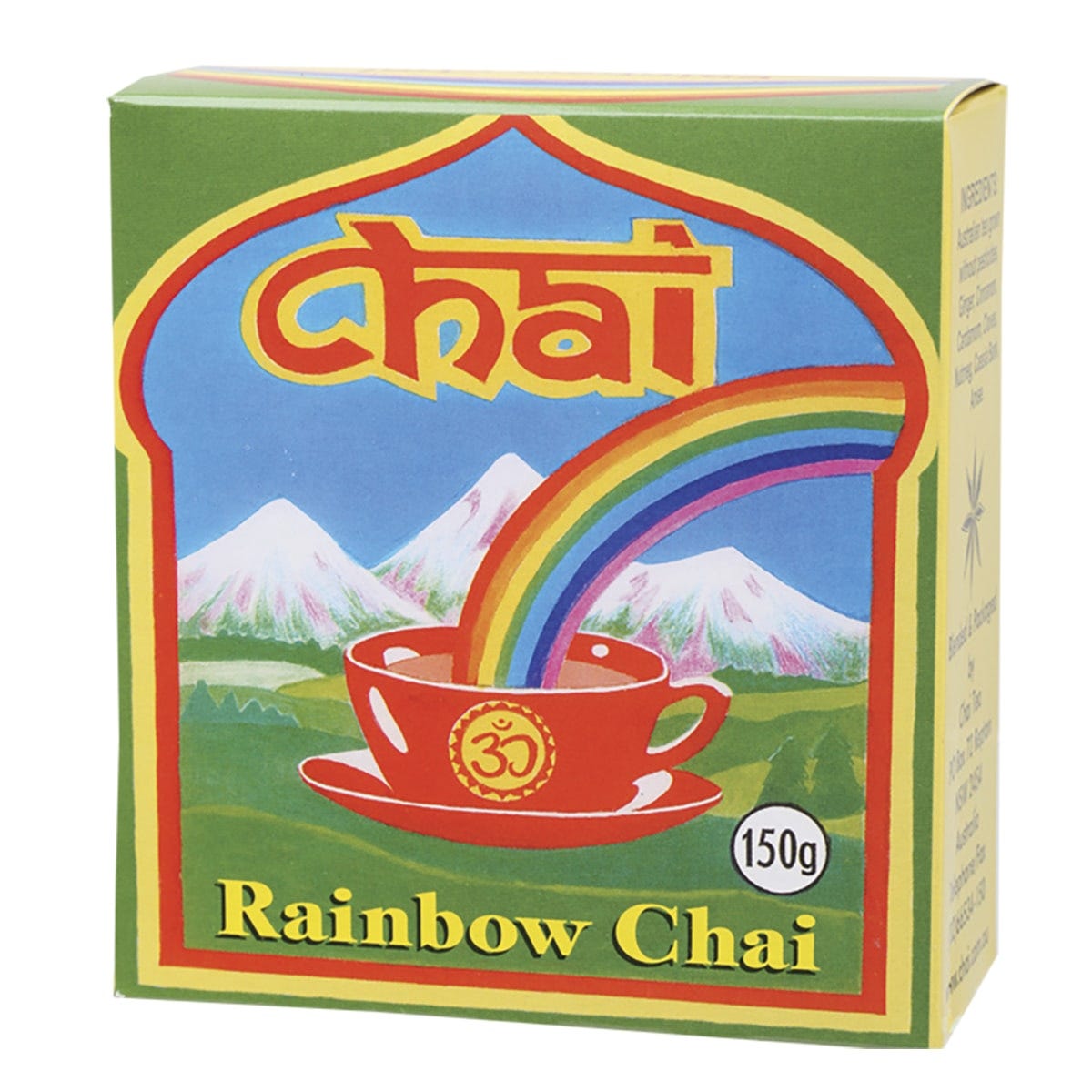150g pack of Rainbow Chai Tea featuring a colorful label with traditional Indian-inspired motifs.