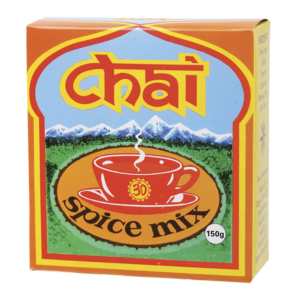 150g pack of Chai Tea Spice Mix featuring a caffeine-free chunky blend of ginger, cinnamon, cloves, and star anise.