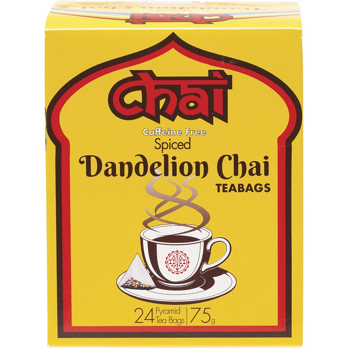 24 pack of Spiced Dandelion Chai tea bags in a white and brown box with botanical illustrations.