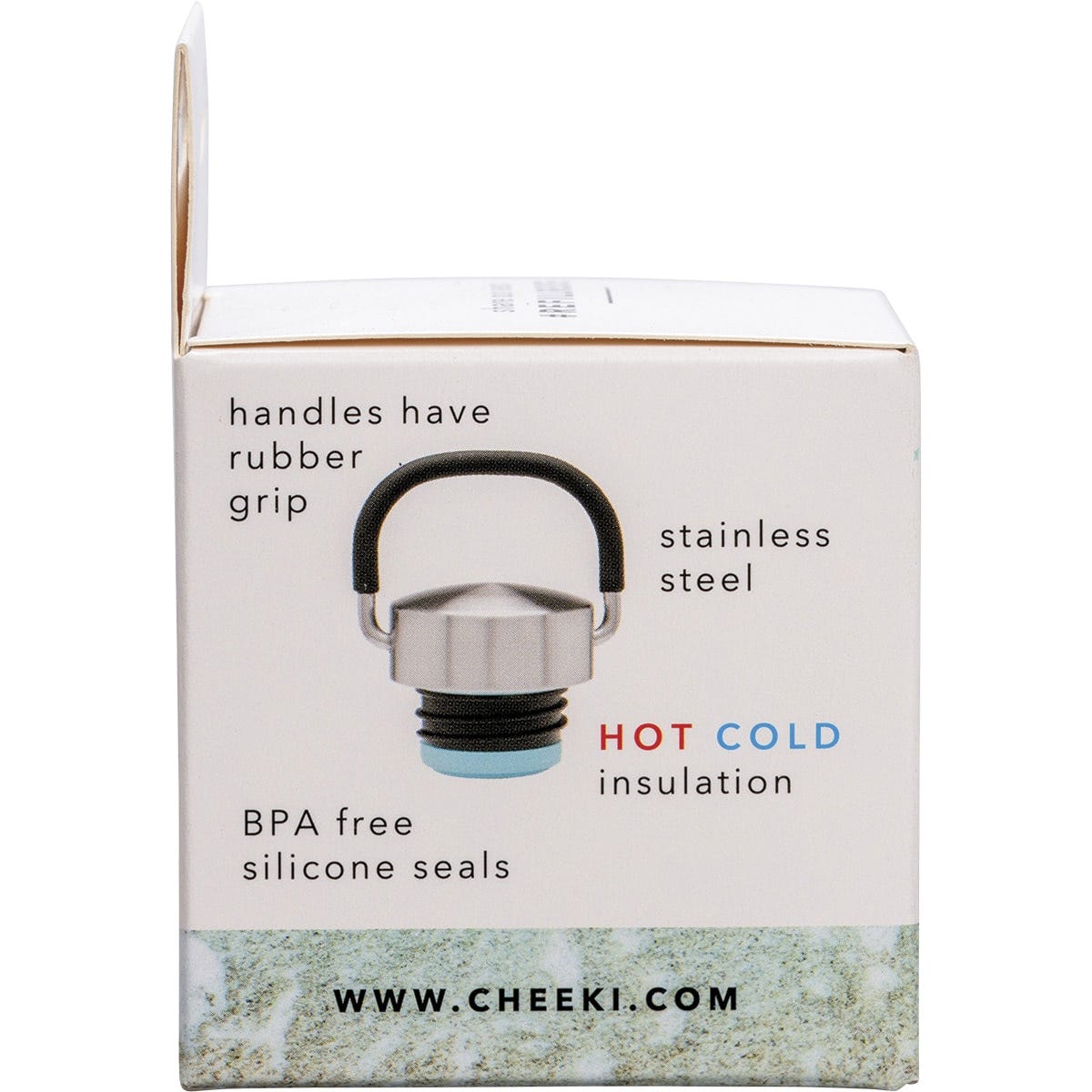 Stainless steel Cheeki Classic replacement lid with a black rubber carry handle and leak-proof silicone seal.