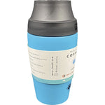 Aqua 350ml Cheeki insulated coffee mug with a black pop-up lid showing the vacuum seal.
