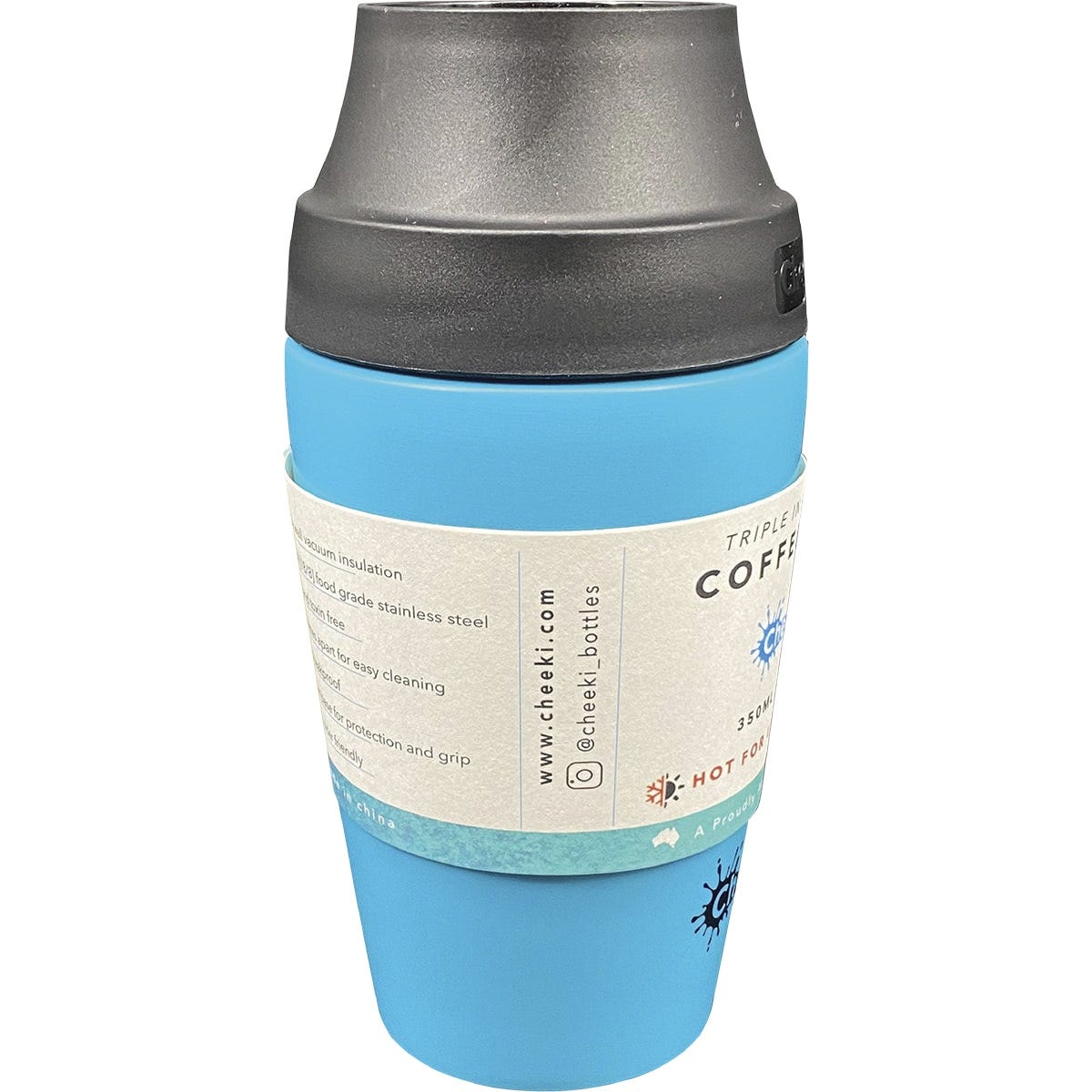 Aqua 350ml Cheeki insulated coffee mug with a black pop-up lid showing the vacuum seal.