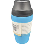 Aqua 350ml Cheeki insulated stainless steel coffee mug in aqua blue with a black pop-up lid on a white background.