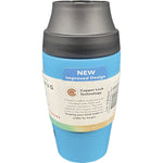 Aqua 350ml Cheeki insulated coffee mug in aqua blue with a black pop-up lid on a white background.