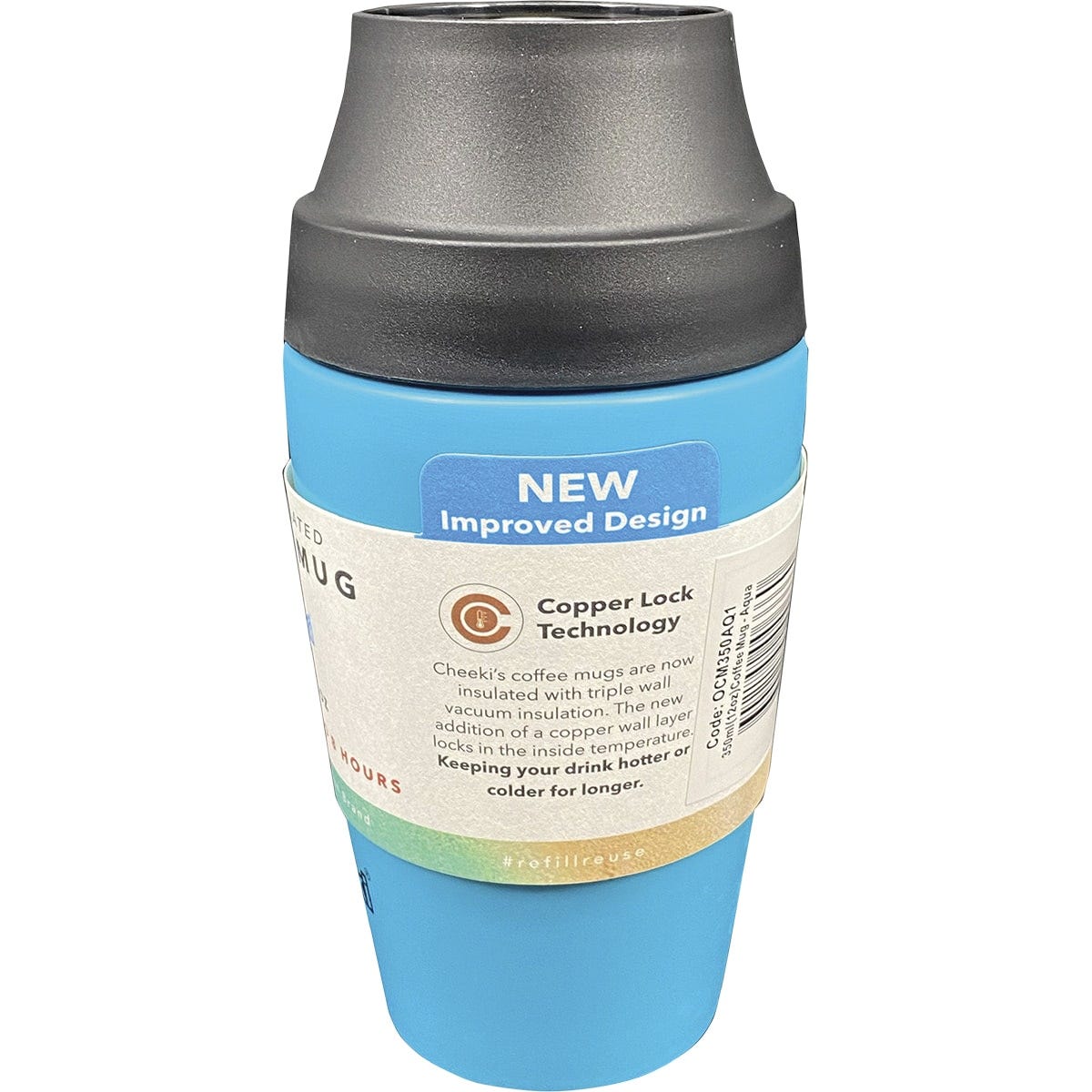 Aqua 350ml Cheeki insulated coffee mug in aqua blue with a black pop-up lid on a white background.
