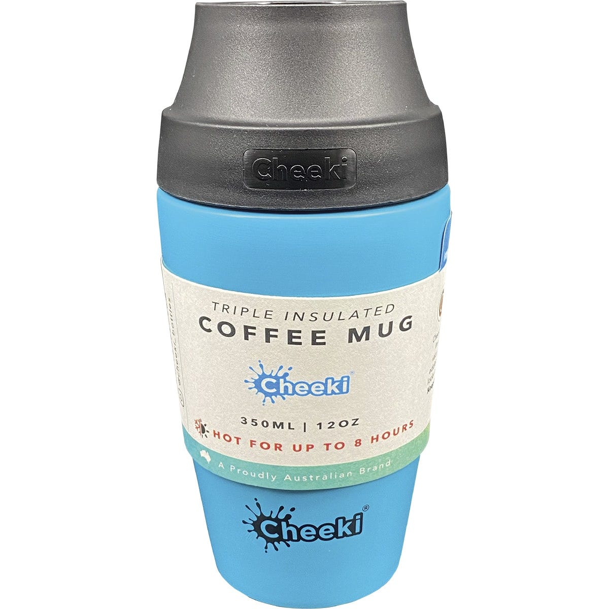 Aqua 350ml Cheeki insulated stainless steel coffee mug with a leak-proof black pop-up lid.