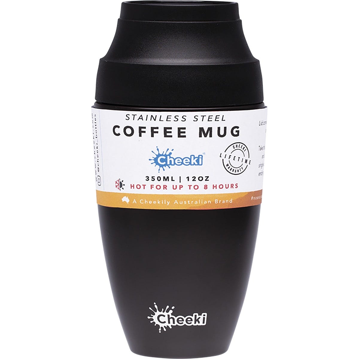 350ml chocolate brown Cheeki insulated stainless steel coffee mug with a black pop-up lid and rubber base.