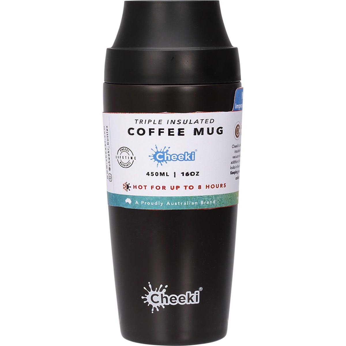 Chocolate brown 450ml Cheeki insulated stainless steel coffee mug with a black pop-up leakproof lid.