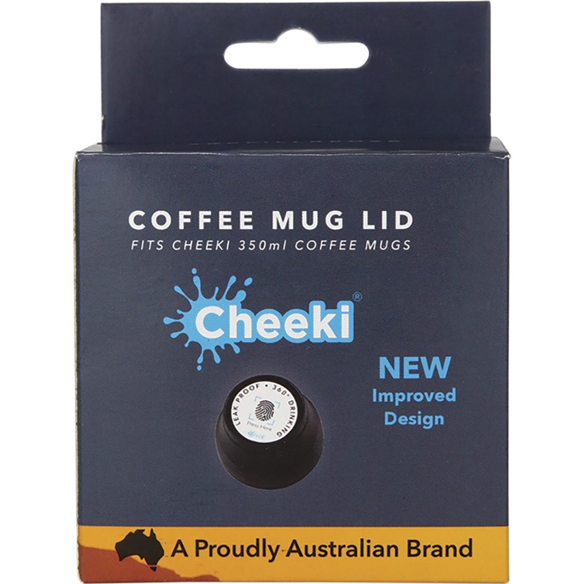 Underside of a black Cheeki coffee mug lid showing the white silicone seal and internal screw threads.