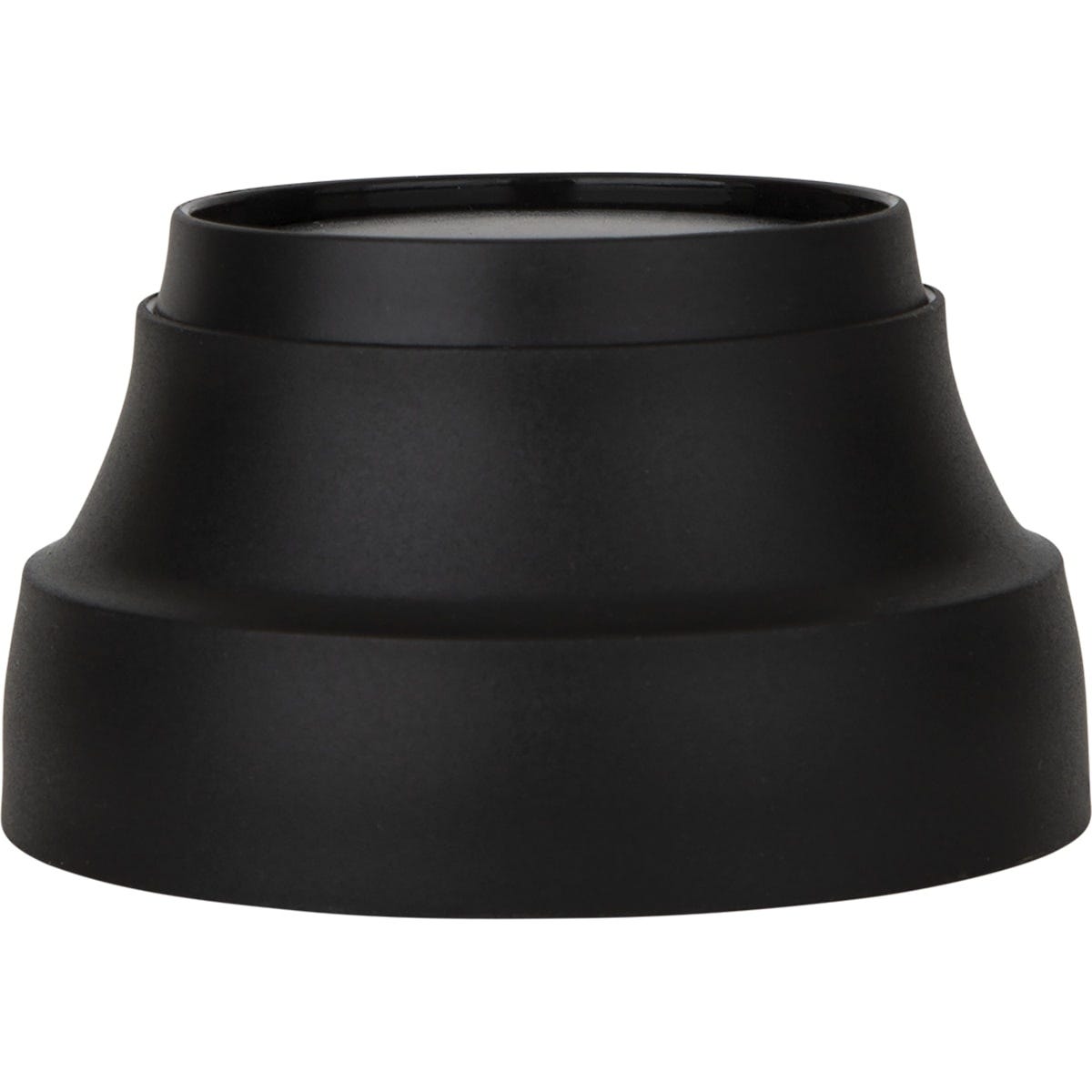 Black Cheeki coffee mug replacement lid with a pop-up sipping mechanism and white silicone seal on a white background.