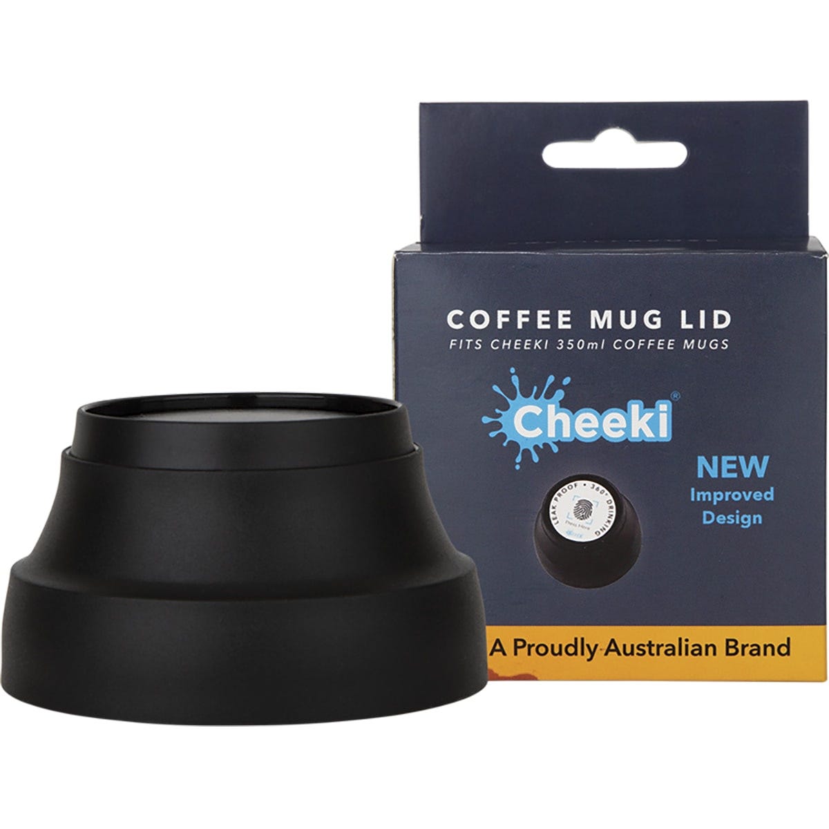 Black BPA-free Cheeki coffee mug replacement lid with a pop-up sipping mechanism and silicone seal.