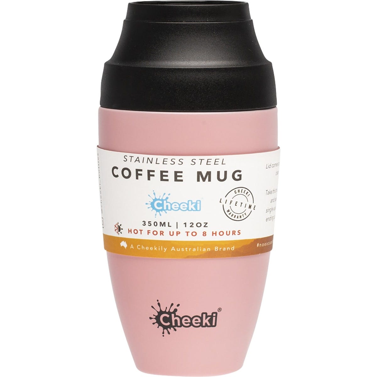Pink 350ml Cheeki insulated stainless steel coffee mug with a black leakproof pop-up lid on a white background.