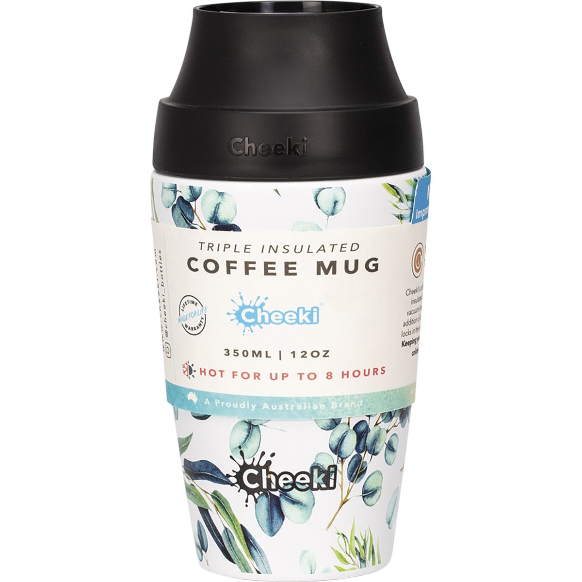 Cheeki 350ml insulated coffee mug featuring a blue and white 3D watercolour design and a black leak-proof pop-up lid.