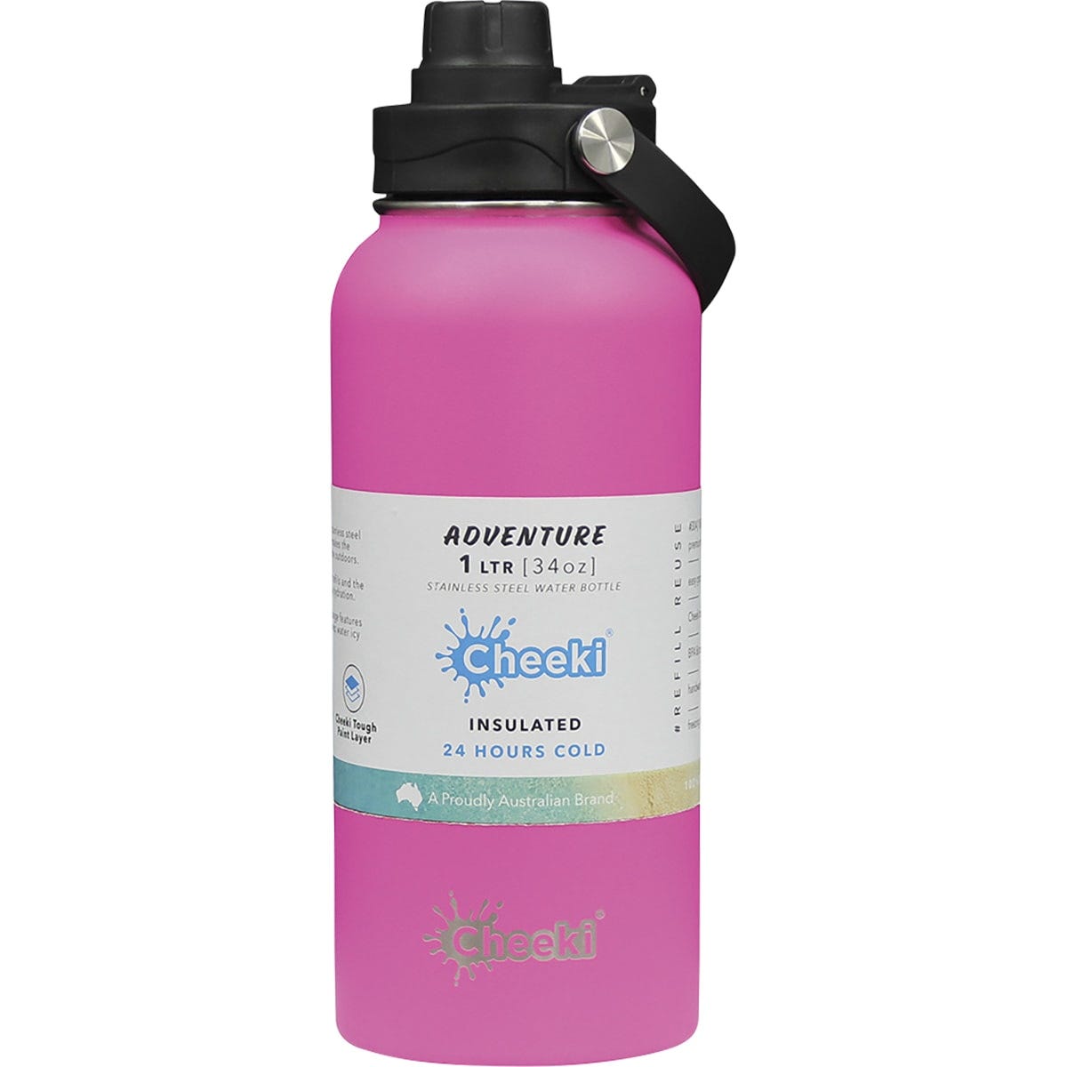 Magenta 1L Cheeki Insulated Adventure stainless steel bottle with a wide mouth and black dual-option sipping lid.