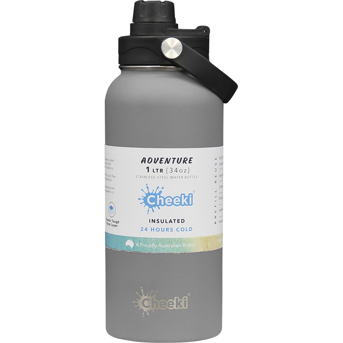 Slate 1L Cheeki insulated stainless steel adventure bottle with a wide mouth and dual-option sipping lid.