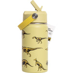 Blue 400ml Cheeki Kids insulated bottle with a blue and white dinosaur print on a plain white background.