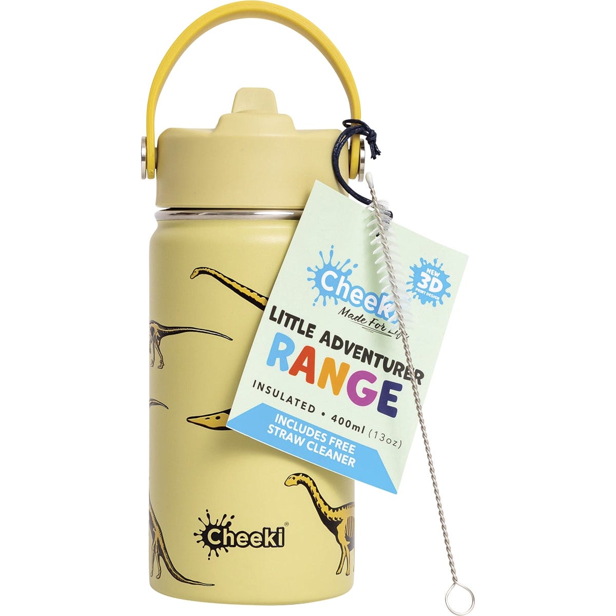 Blue 400ml Cheeki Kids insulated bottle with a dinosaur print and a pink flip-top lid.