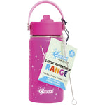 Pink 400ml Cheeki insulated kids bottle with 3D fairy designs, a purple lid, and a soft rubber carry handle.