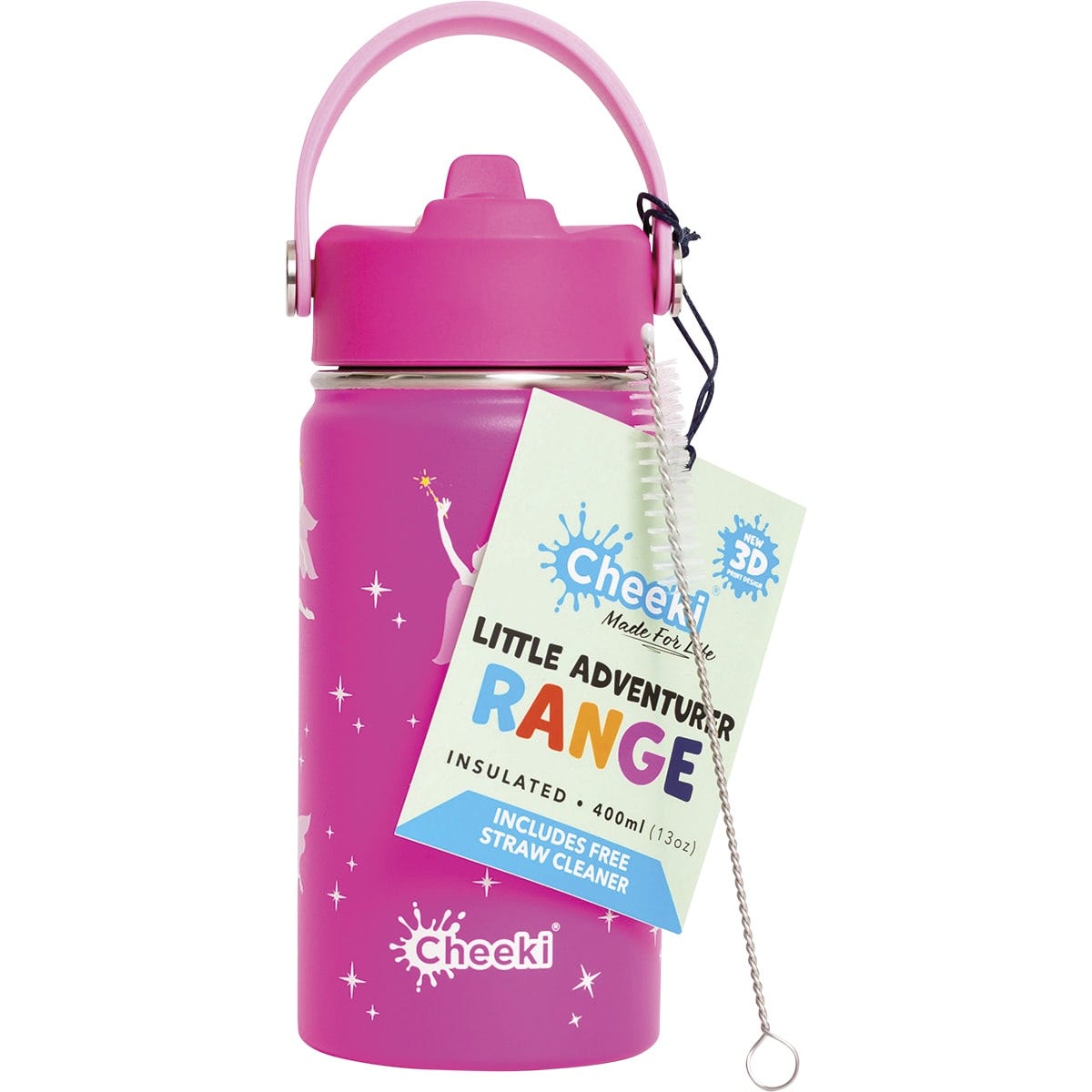 Pink 400ml Cheeki insulated kids bottle with 3D fairy designs, a purple lid, and a soft rubber carry handle.