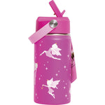 Pink 400ml Cheeki fairy insulated kids bottle with a purple lid and straw on a white background.