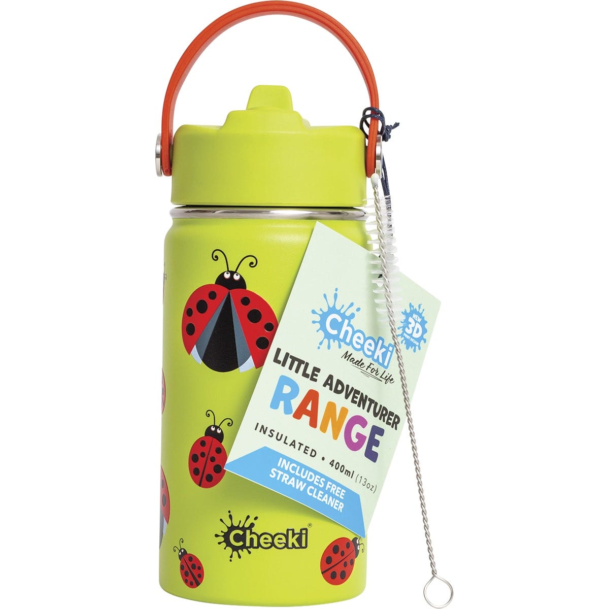 Red 400ml Cheeki insulated kids water bottle with a ladybug 3D design, black lid, and soft carry handle.
