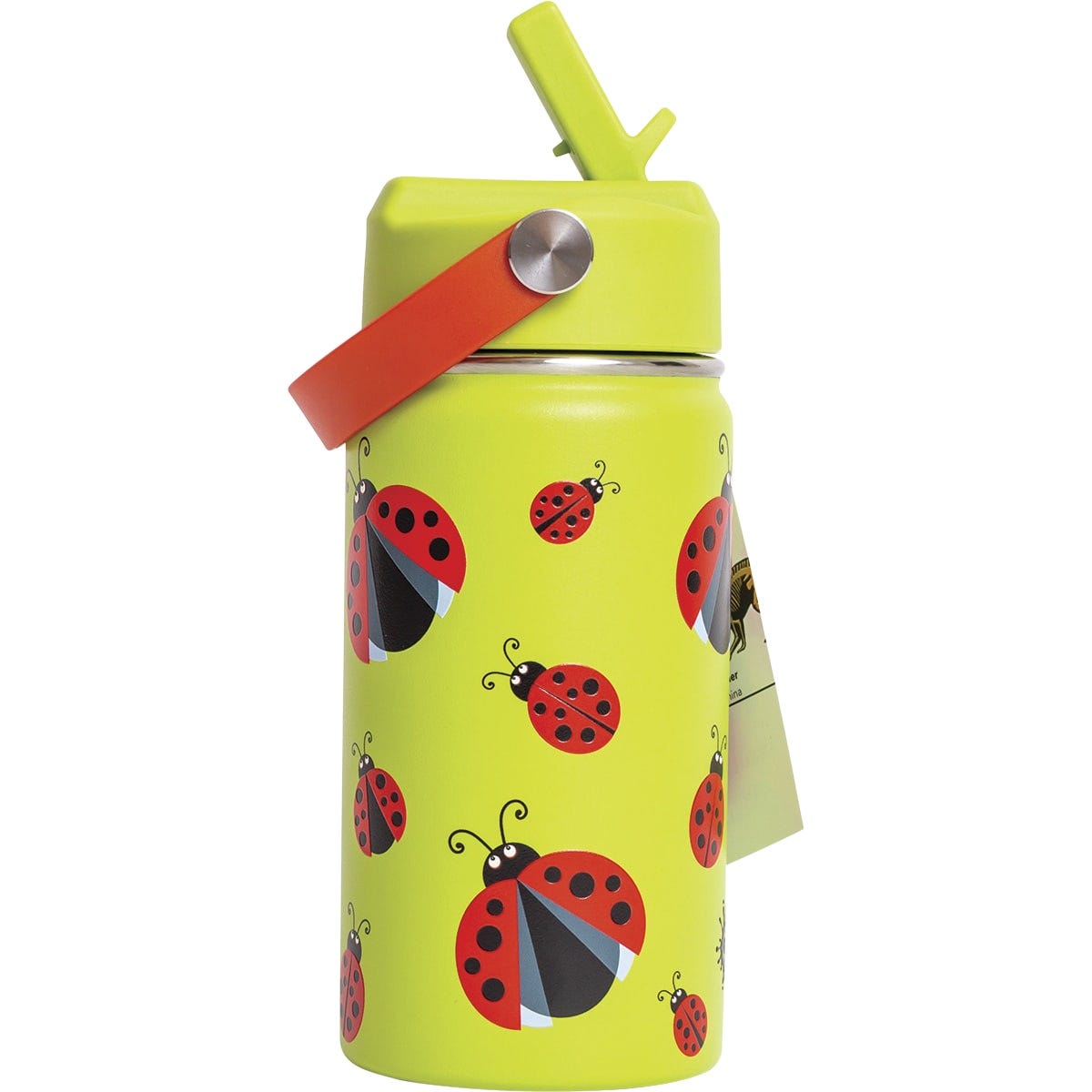 Red 400ml Cheeki insulated ladybug bottle with a black lid and straw on a white background.